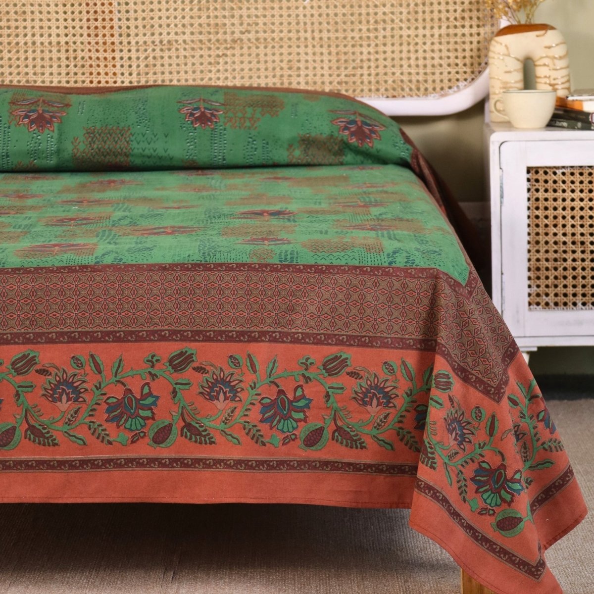 Pure Cotton Bed Cover | Queen Size | Green and Brick Red | Handprinted | Chintz Collection