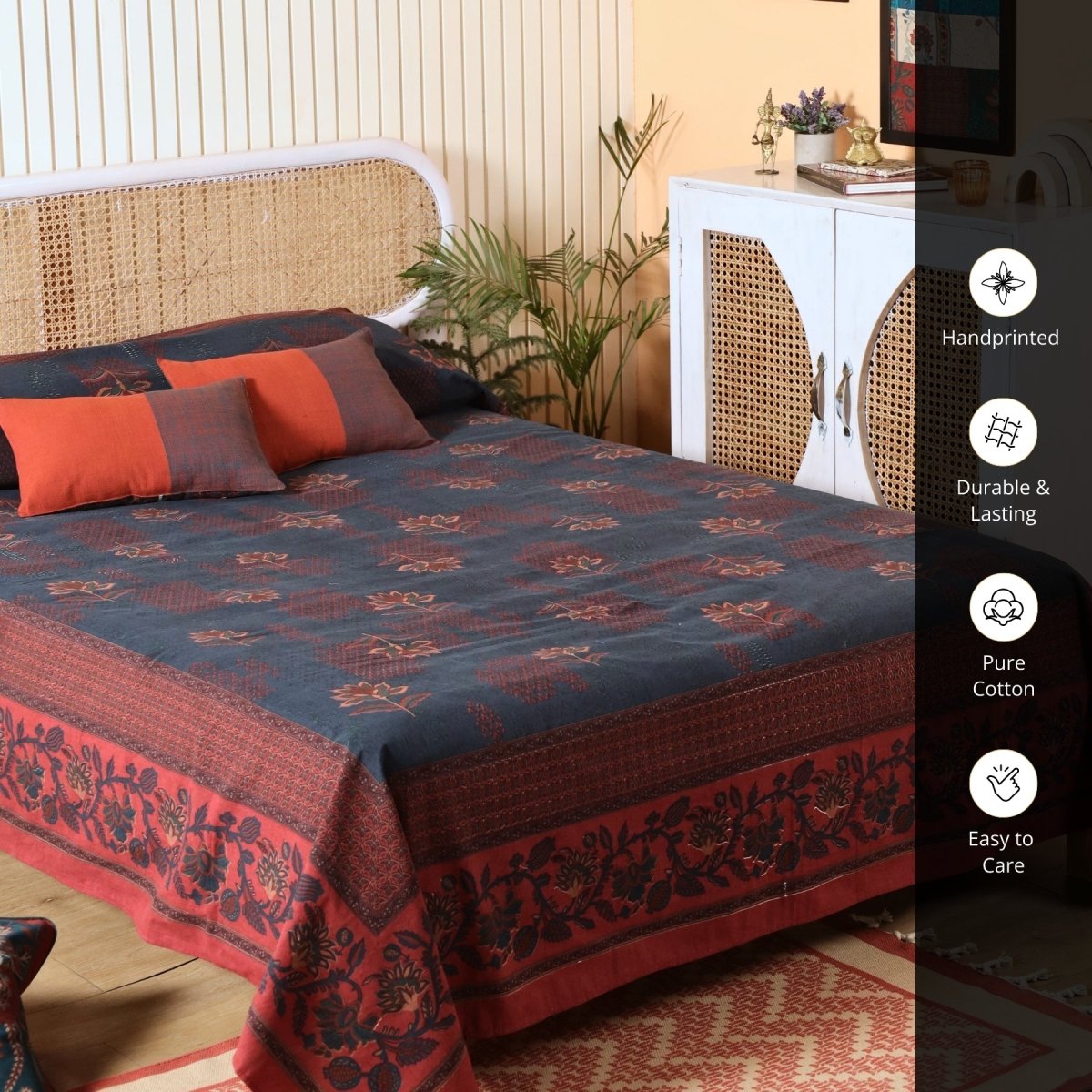 Pure Cotton Bed Cover | Queen Size | Navy Blue and Brick Red |Handprinted | Chintz Collection