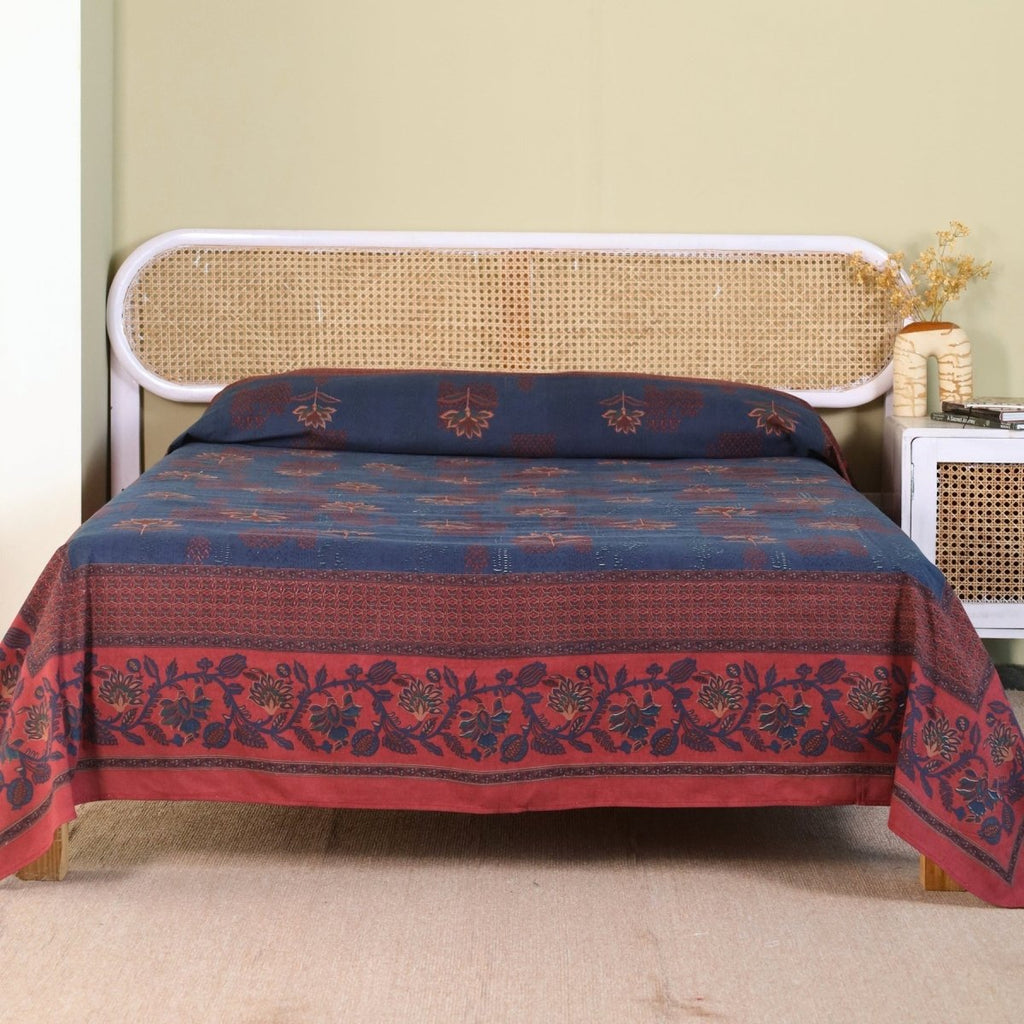 Pure Cotton Bed Cover | Queen Size | Navy Blue and Brick Red |Handprinted | Chintz Collection
