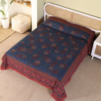 Pure Cotton Bed Cover | Queen Size | Navy Blue and Brick Red |Handprinted | Chintz Collection