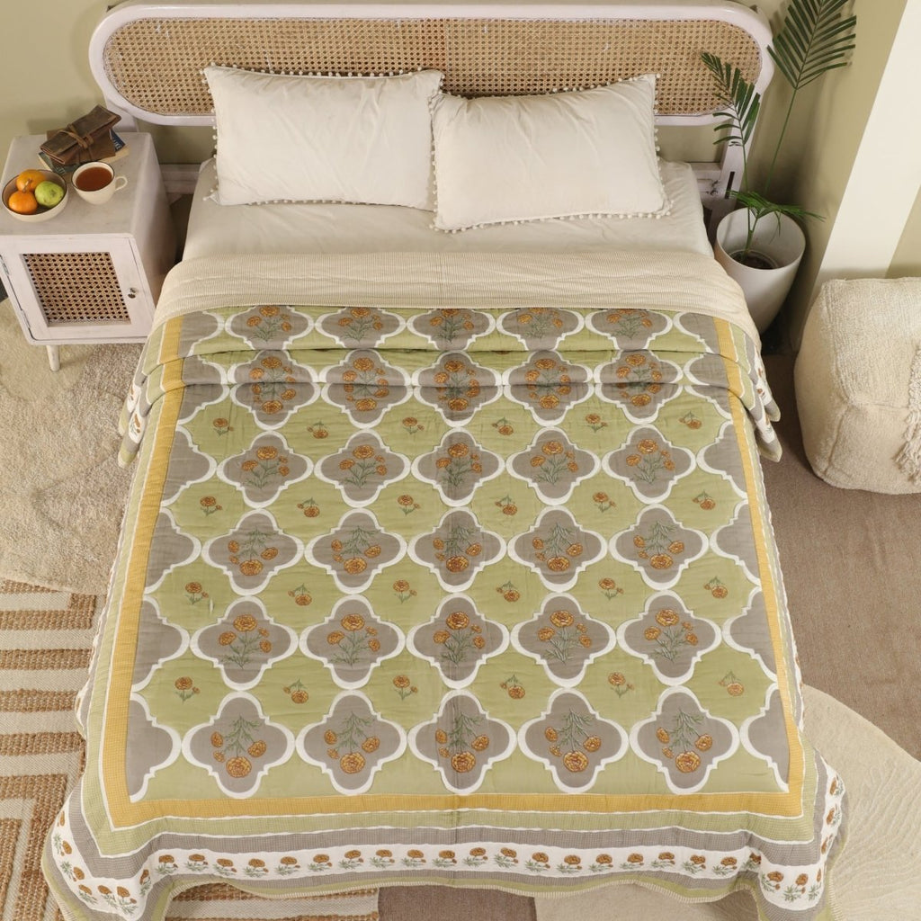 Pure Cotton Quilt in Sage Green | Single and Queen Sizes | Marigold Collection - Sage Green & Mustard / 60 x 90 Inches / Pure Cotton