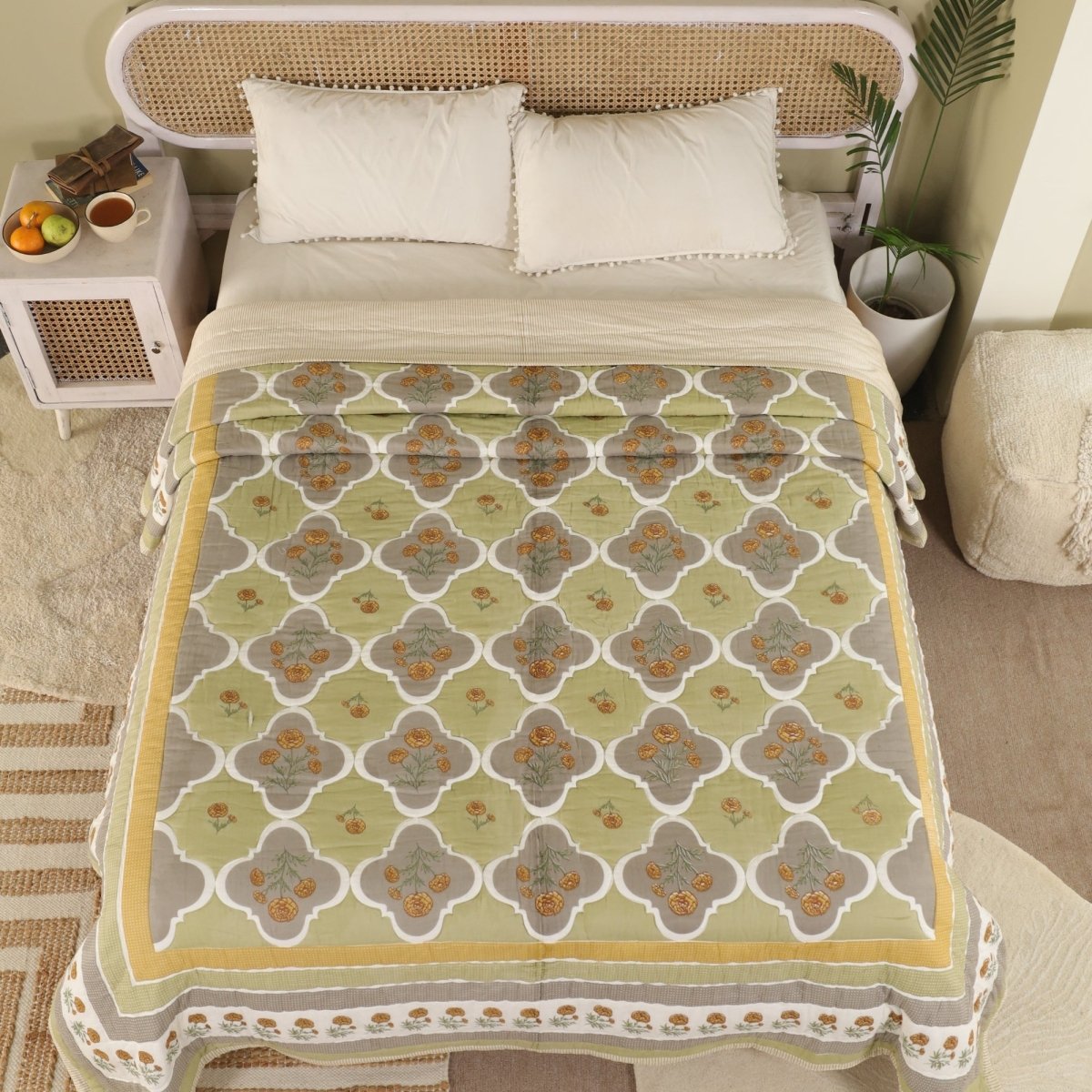Pure Cotton Quilt in Sage Green | Single and Queen Sizes | Marigold Collection - Sage Green & Mustard / 60 x 90 Inches / Pure Cotton