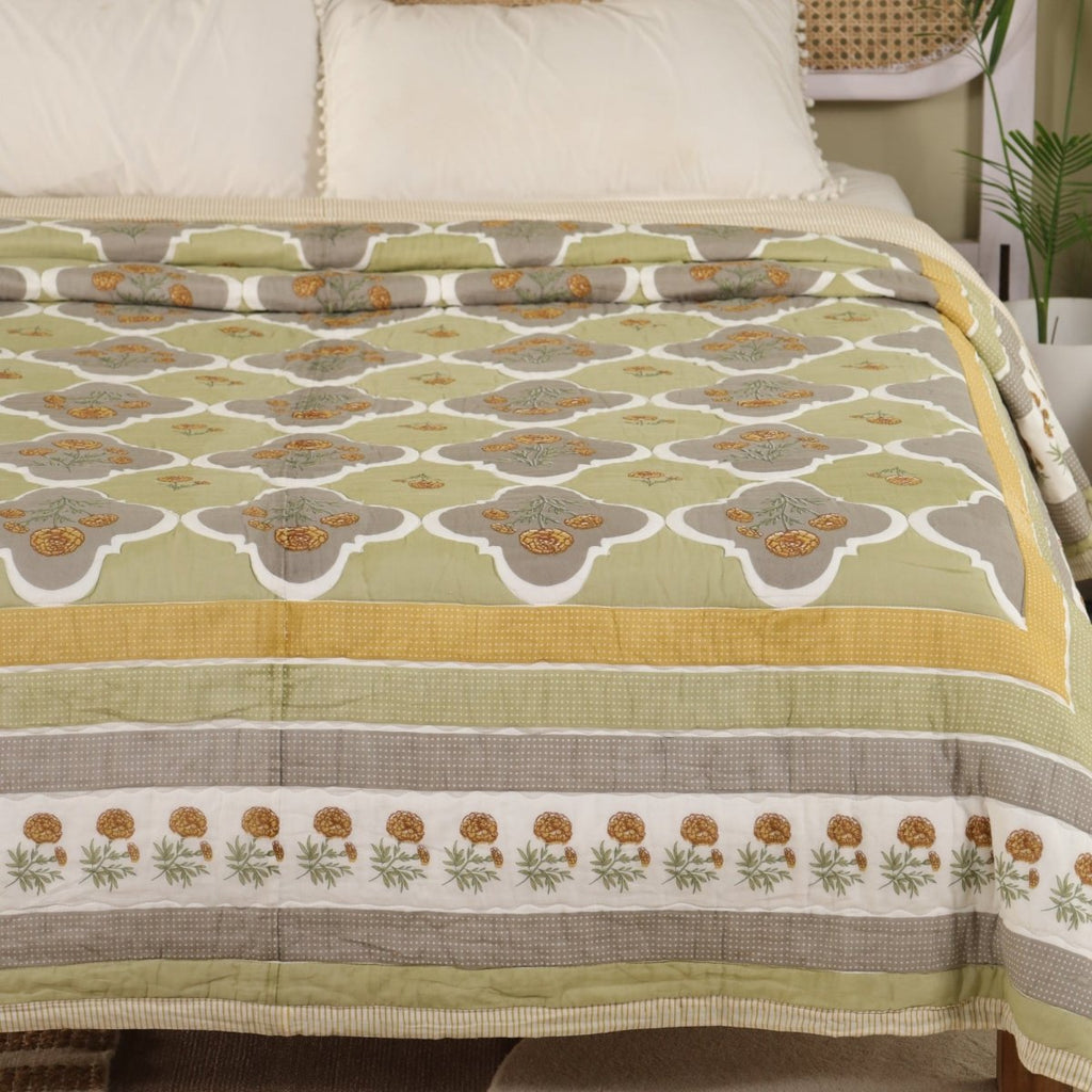 Pure Cotton Quilt in Sage Green | Single and Queen Sizes | Marigold Collection - Sage Green & Mustard / 60 x 90 Inches / Pure Cotton