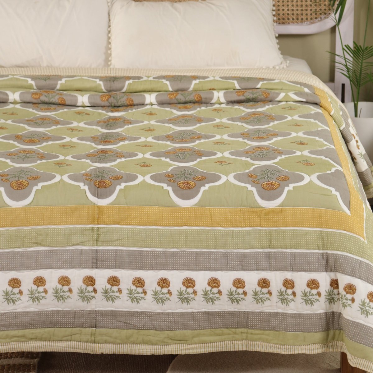 Pure Cotton Quilt in Sage Green | Single and Queen Sizes | Marigold Collection - Sage Green & Mustard / 60 x 90 Inches / Pure Cotton