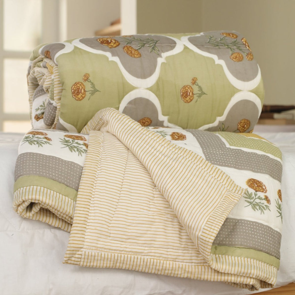 Pure Cotton Quilt in Sage Green | Single and Queen Sizes | Marigold Collection - Sage Green & Mustard / 60 x 90 Inches / Pure Cotton