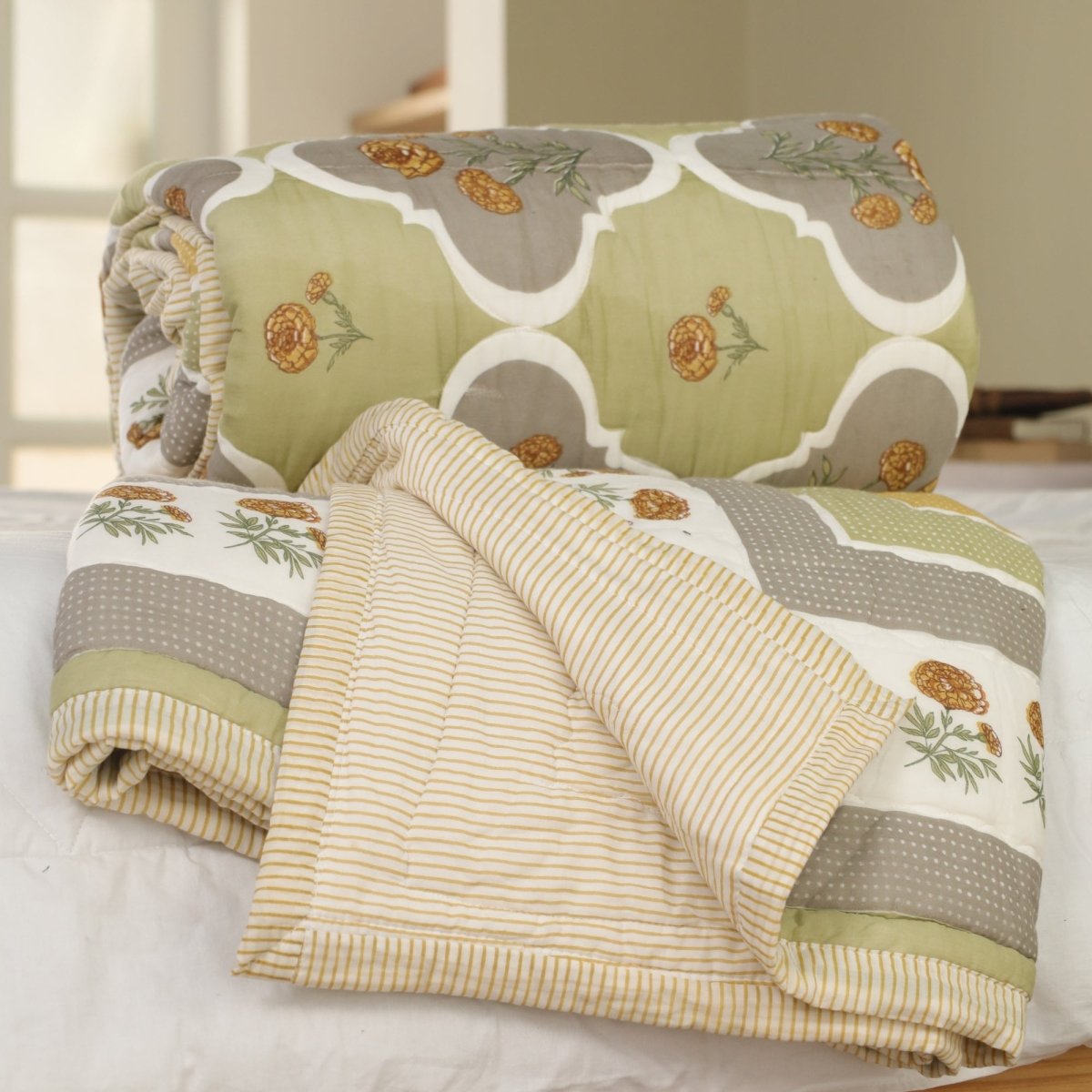 Pure Cotton Quilt in Sage Green | Single and Queen Sizes | Marigold Collection - Sage Green & Mustard / 60 x 90 Inches / Pure Cotton