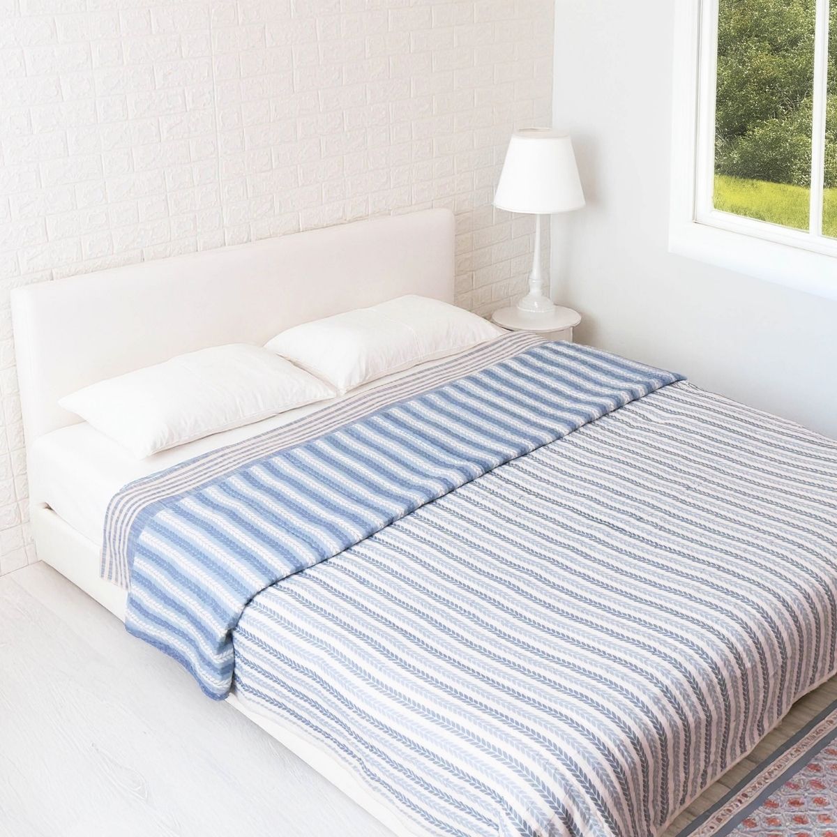 Pure Cotton Quilt or Comforter in Blue leafy Stripes | Versatile as Quilt or AC Blanket | Reversible designs