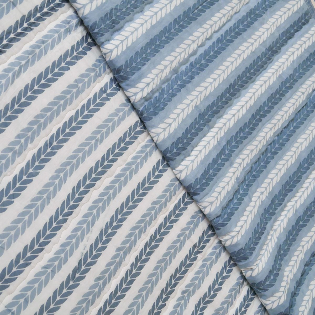 Pure Cotton Quilt or Comforter in Blue leafy Stripes | Versatile as Quilt or AC Blanket | Reversible designs