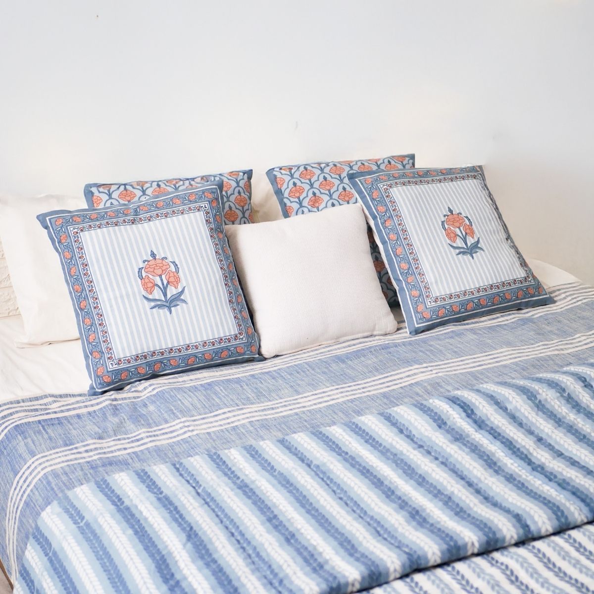 Pure Cotton Quilt or Comforter in Blue leafy Stripes | Versatile as Quilt or AC Blanket | Reversible designs