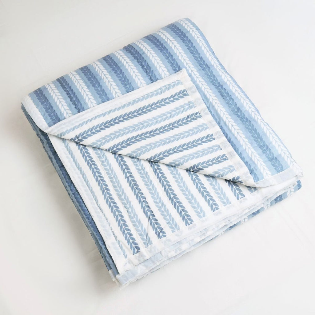 Pure Cotton Quilt or Comforter in Blue leafy Stripes | Versatile as Quilt or AC Blanket | Reversible designs
