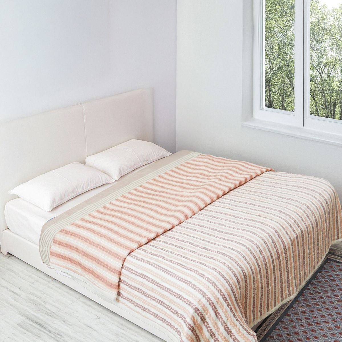 Pure Cotton Quilt or Comforter in Dusty Pink Leafy Stripes | Versatile as Quilt or AC Blanket | Reversible designs