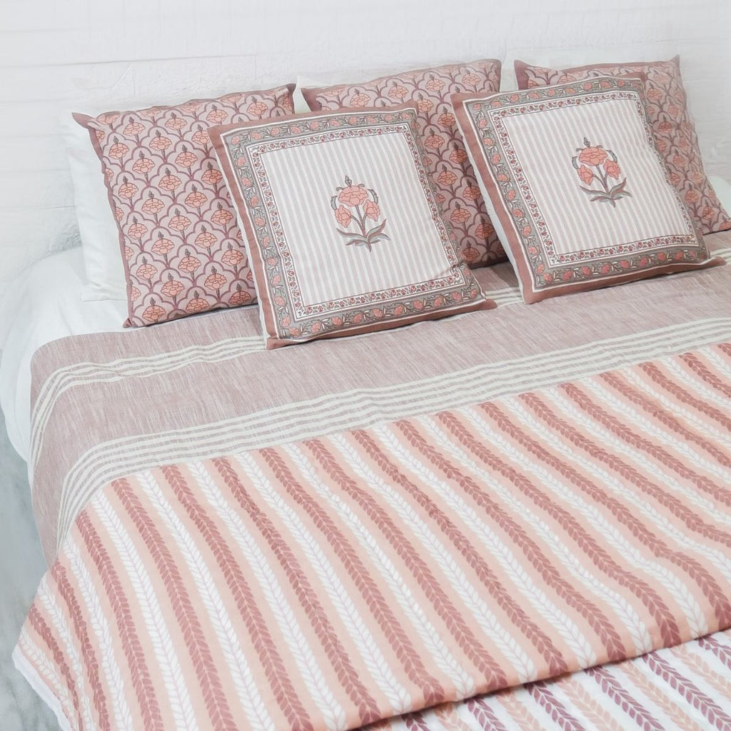 Pure Cotton Quilt or Comforter in Dusty Pink Leafy Stripes | Versatile as Quilt or AC Blanket | Reversible designs