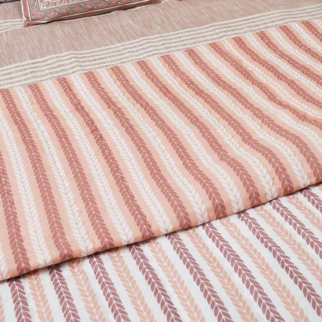 Pure Cotton Quilt or Comforter in Dusty Pink Leafy Stripes | Versatile as Quilt or AC Blanket | Reversible designs
