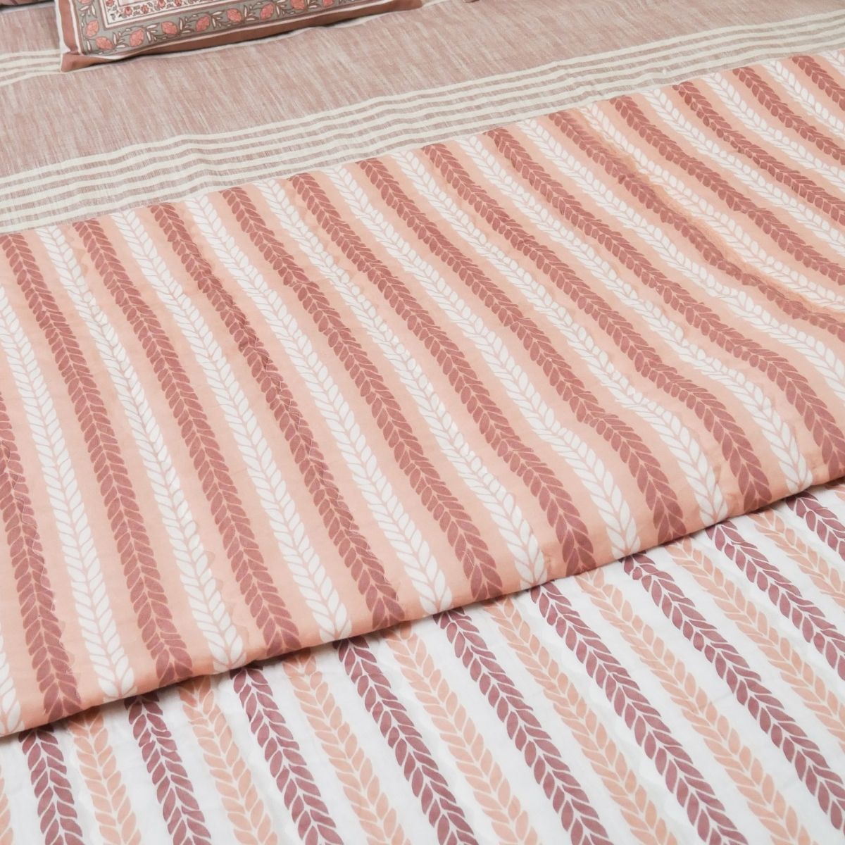 Pure Cotton Quilt or Comforter in Dusty Pink Leafy Stripes | Versatile as Quilt or AC Blanket | Reversible designs