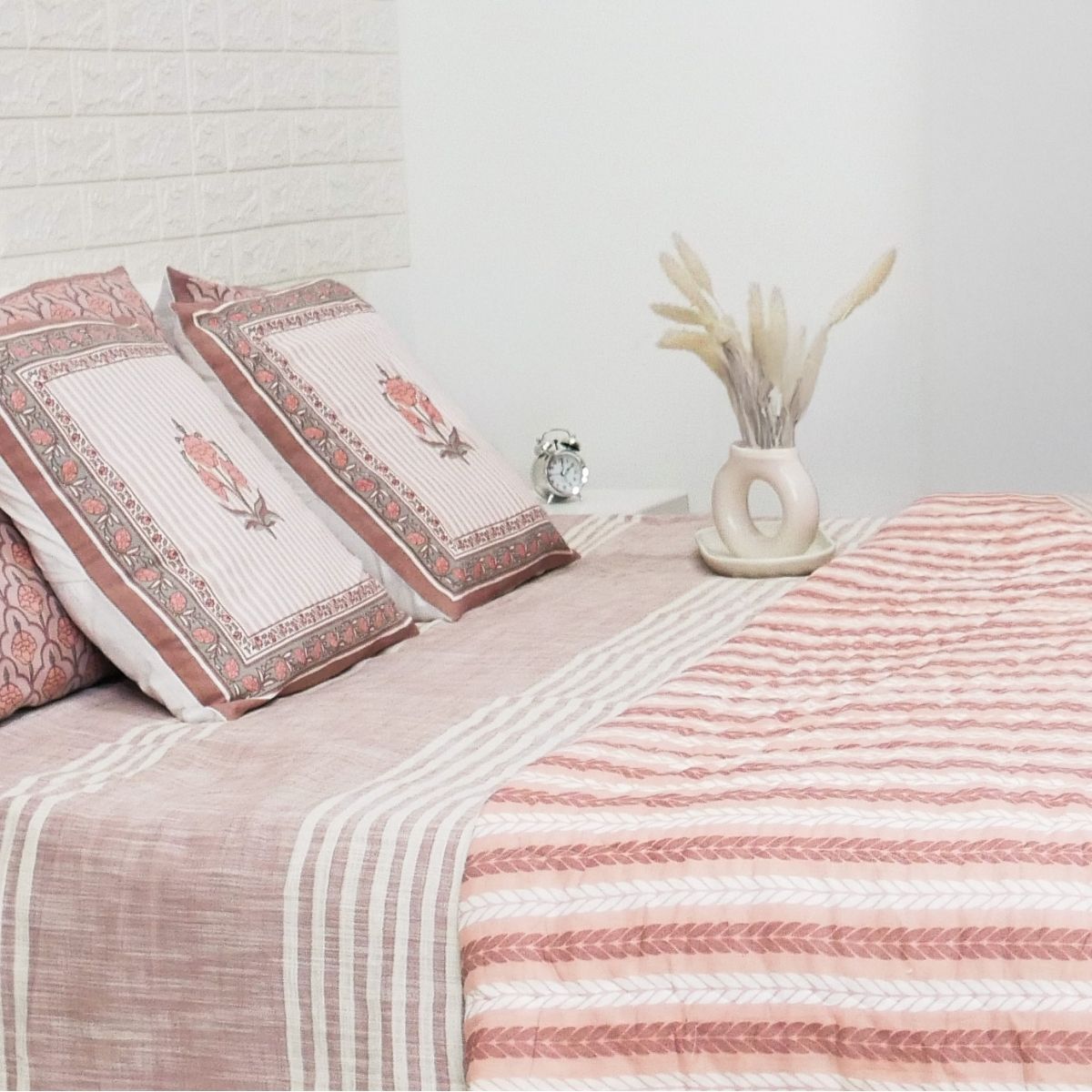 Pure Cotton Quilt or Comforter in Dusty Pink Leafy Stripes | Versatile as Quilt or AC Blanket | Reversible designs