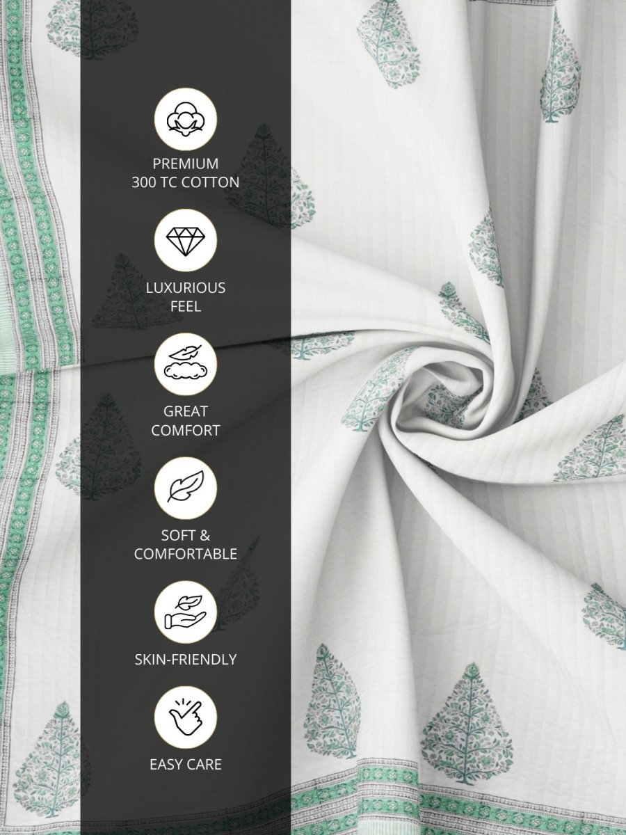 Quilted Double Bed Cover in Fine Cotton | Reversible Block Printed with Ornate Trees | Queen Size 90 x 108 inches