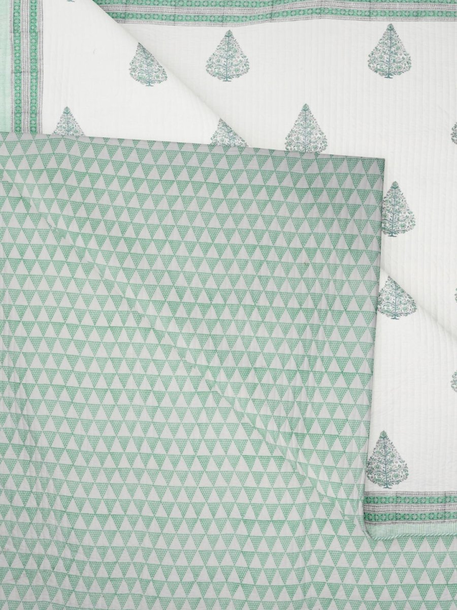 Quilted Double Bed Cover in Fine Cotton | Reversible Block Printed with Ornate Trees | Queen Size 90 x 108 inches