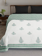 Quilted Double Bed Cover in Fine Cotton | Reversible Block Printed with Ornate Trees | Queen Size 90 x 108 inches