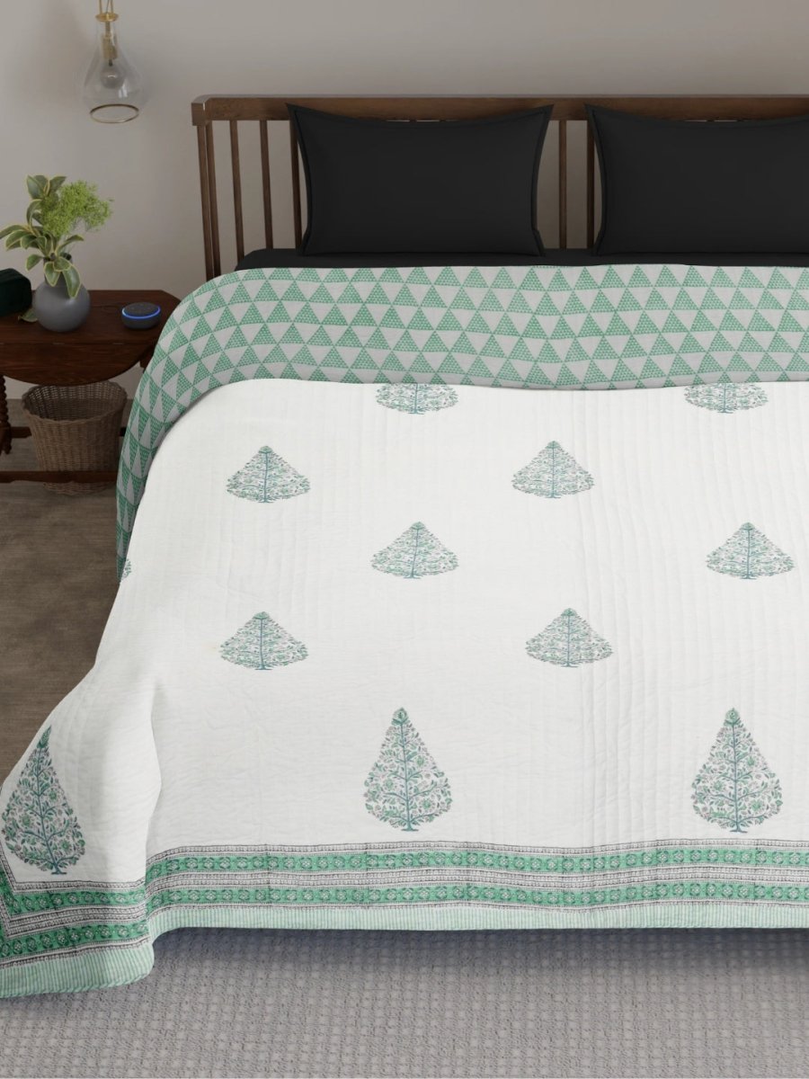Quilted Double Bed Cover in Fine Cotton | Reversible Block Printed with Ornate Trees | Queen Size 90 x 108 inches