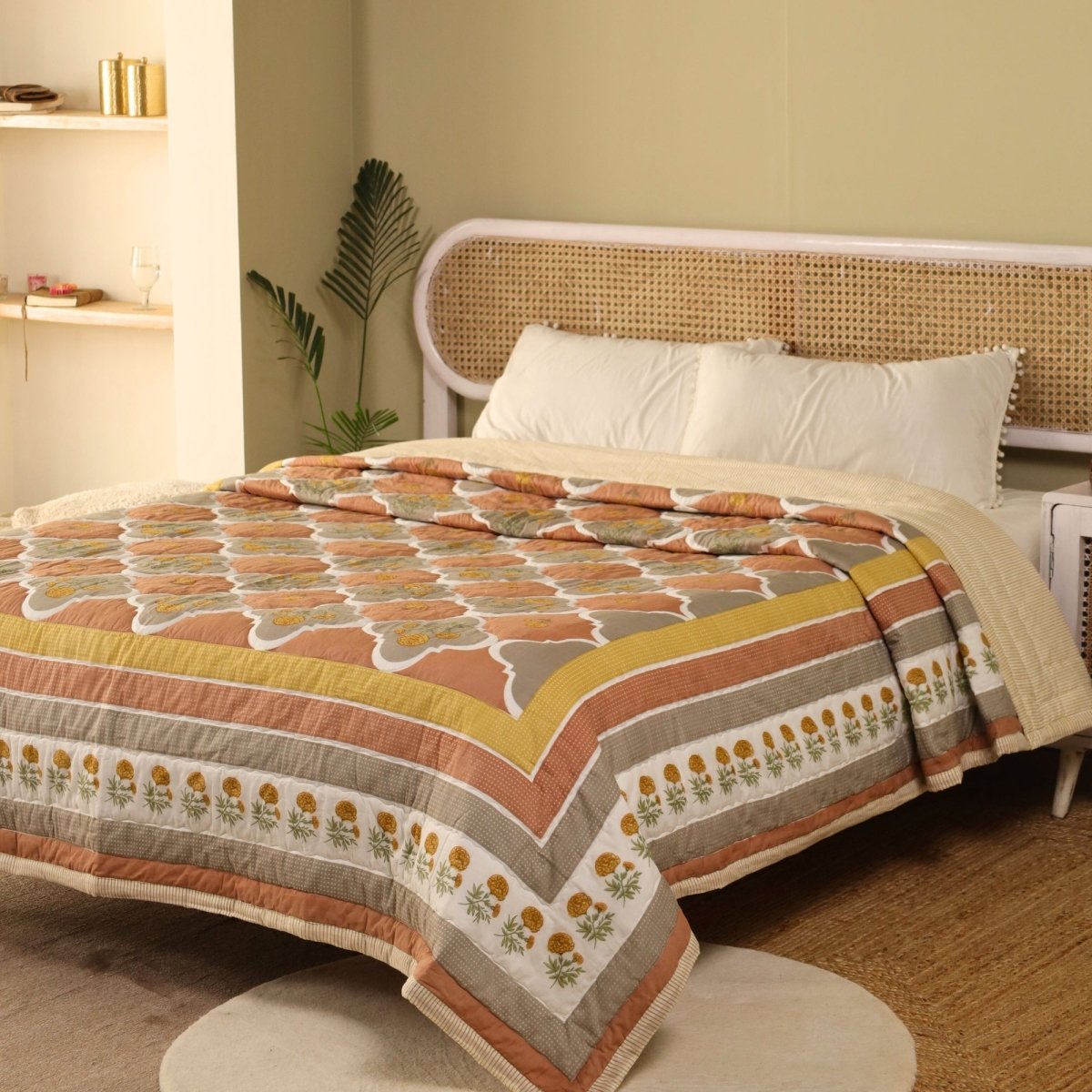 Cotton Quilt Hand Printed in Rust and Taupe Colours with Marigold flowers| 100% Cotton Quilt which is Light weight and Breathable