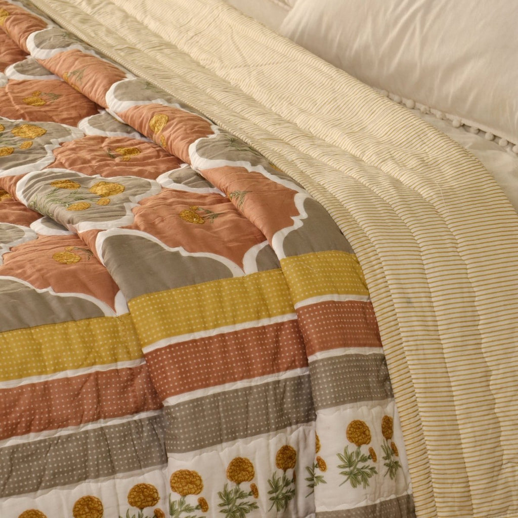 Cotton Quilt Hand Printed in Rust and Taupe Colours with Marigold flowers| 100% Cotton Quilt which is Light weight and Breathable