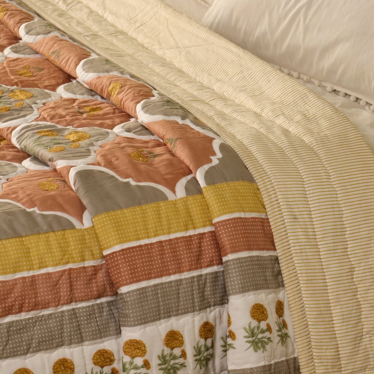 Cotton Quilt Hand Printed in Rust and Taupe Colours with Marigold flowers| 100% Cotton Quilt which is Light weight and Breathable