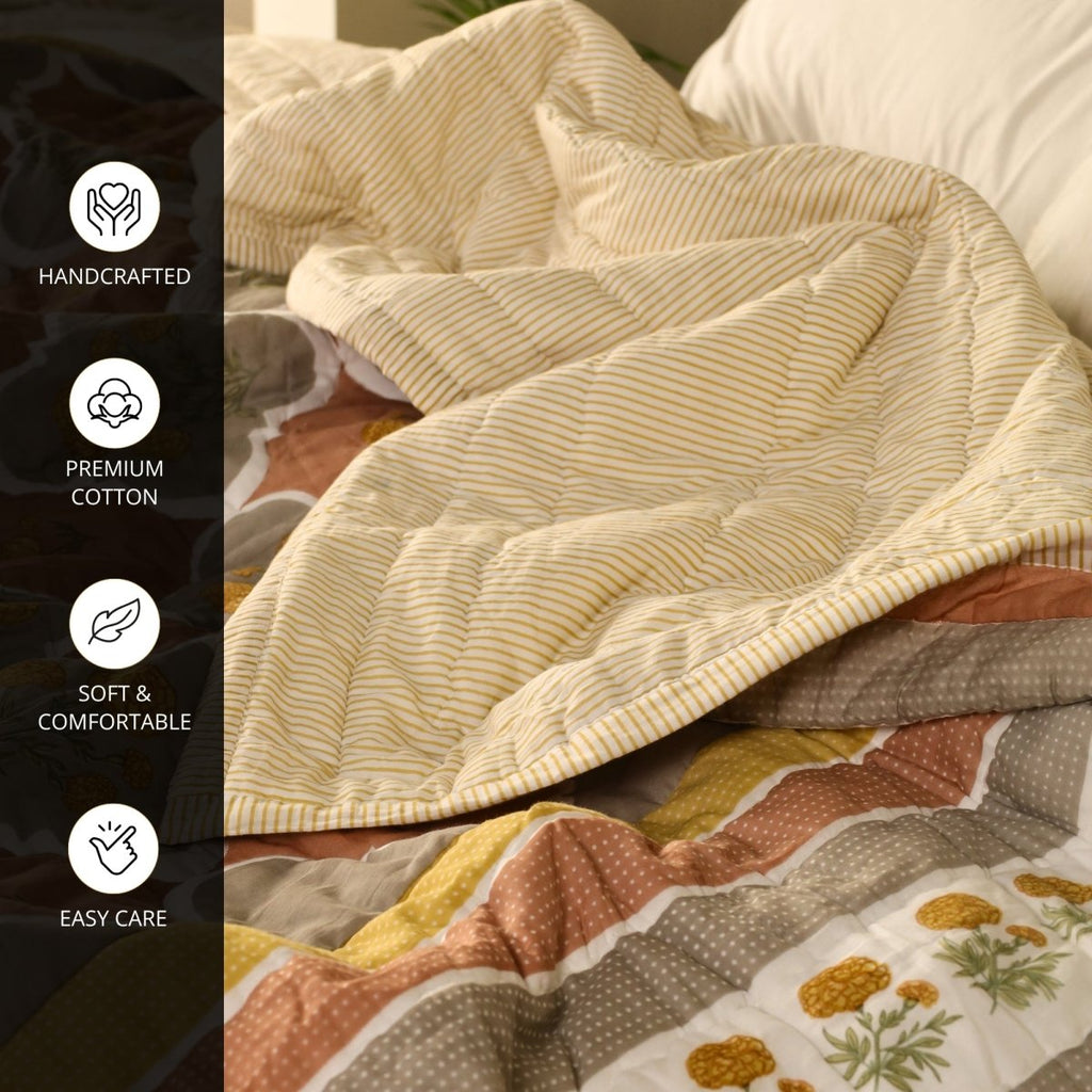 Cotton Quilt Hand Printed in Rust and Taupe Colours with Marigold flowers| 100% Cotton Quilt which is Light weight and Breathable