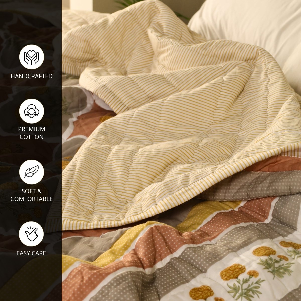 Cotton Quilt Hand Printed in Rust and Taupe Colours with Marigold flowers| 100% Cotton Quilt which is Light weight and Breathable