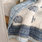 Single Bed Quilt In Fine Cotton | Reversible Hand Block Printed Blue Mist Jaipuri Razai | Handmade In India - Single Bed 60 x 90 inches / Pure Cotton / White & Blue