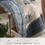 Single Bed Quilt In Fine Cotton | Reversible Hand Block Printed Blue Mist Jaipuri Razai | Handmade In India - Single Bed 60 x 90 inches / Pure Cotton / White & Blue