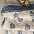 Single Bed Quilt In Fine Cotton | Reversible Hand Block Printed Blue Mist Jaipuri Razai | Handmade In India - Single Bed 60 x 90 inches / Pure Cotton / White & Blue