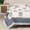 Single Bed Quilt In Fine Cotton | Reversible Hand Block Printed Blue Mist Jaipuri Razai | Handmade In India - Single Bed 60 x 90 inches / Pure Cotton / White & Blue