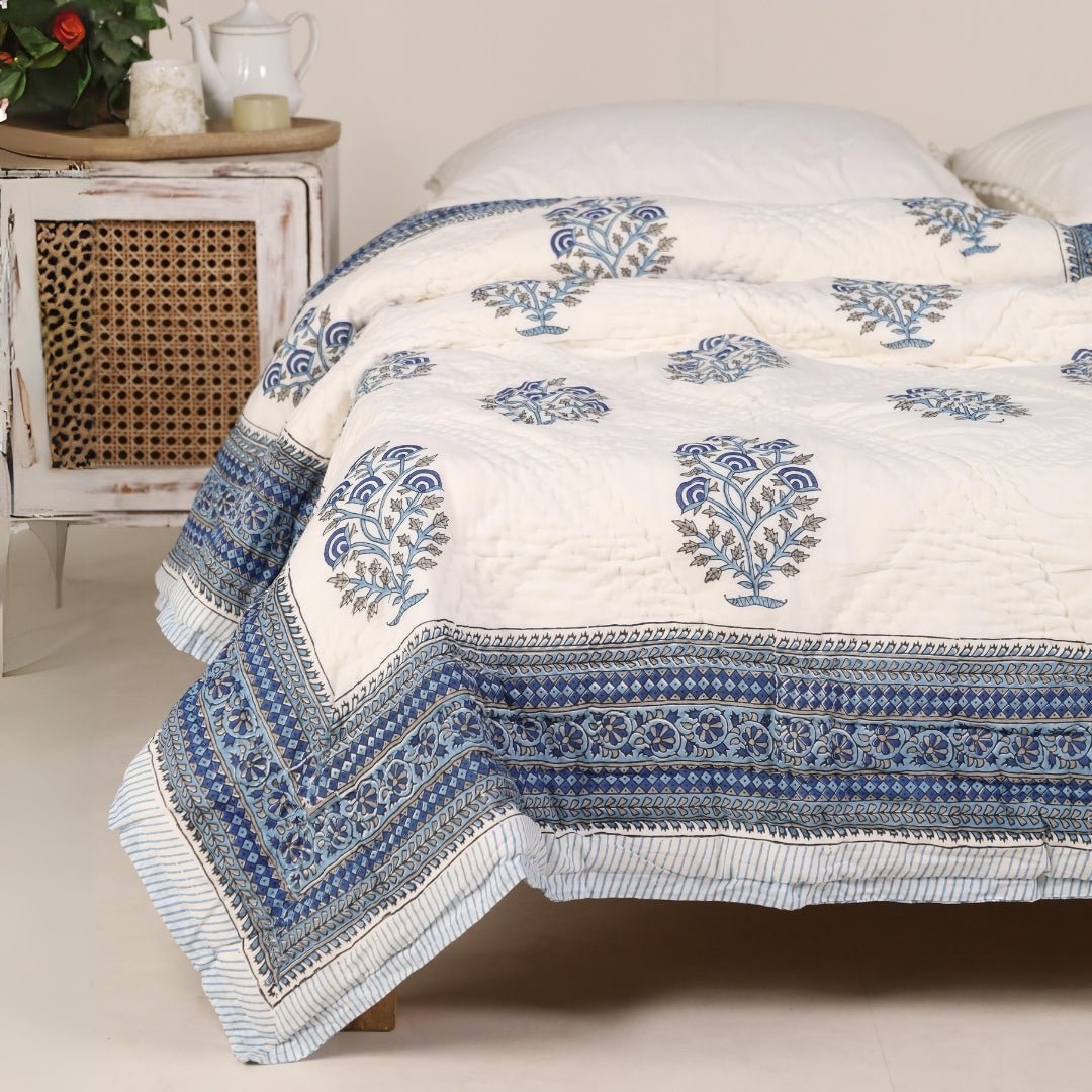 Single Bed Quilt In Fine Cotton | Reversible Hand Block Printed Blue Mist Jaipuri Razai | Handmade In India - Single Bed 60 x 90 inches / Pure Cotton / White & Blue