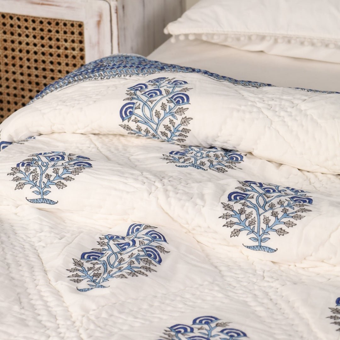 Single Bed Quilt In Fine Cotton | Reversible Hand Block Printed Blue Mist Jaipuri Razai | Handmade In India - Single Bed 60 x 90 inches / Pure Cotton / White & Blue