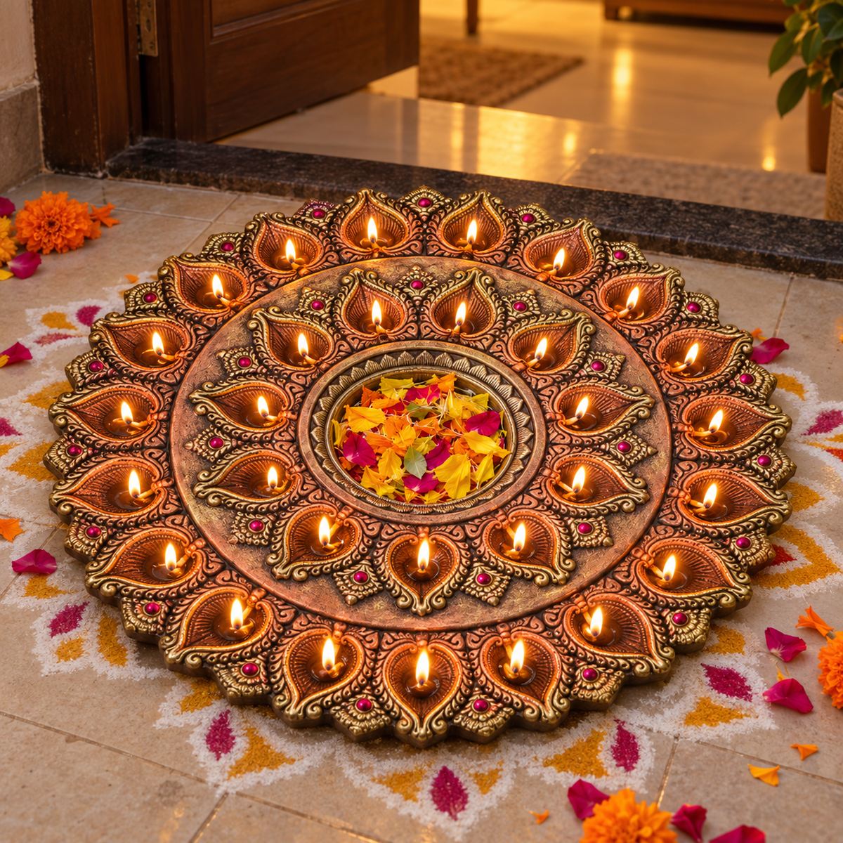 Deepmala: 31-Diya Terracotta Thali, 16 in