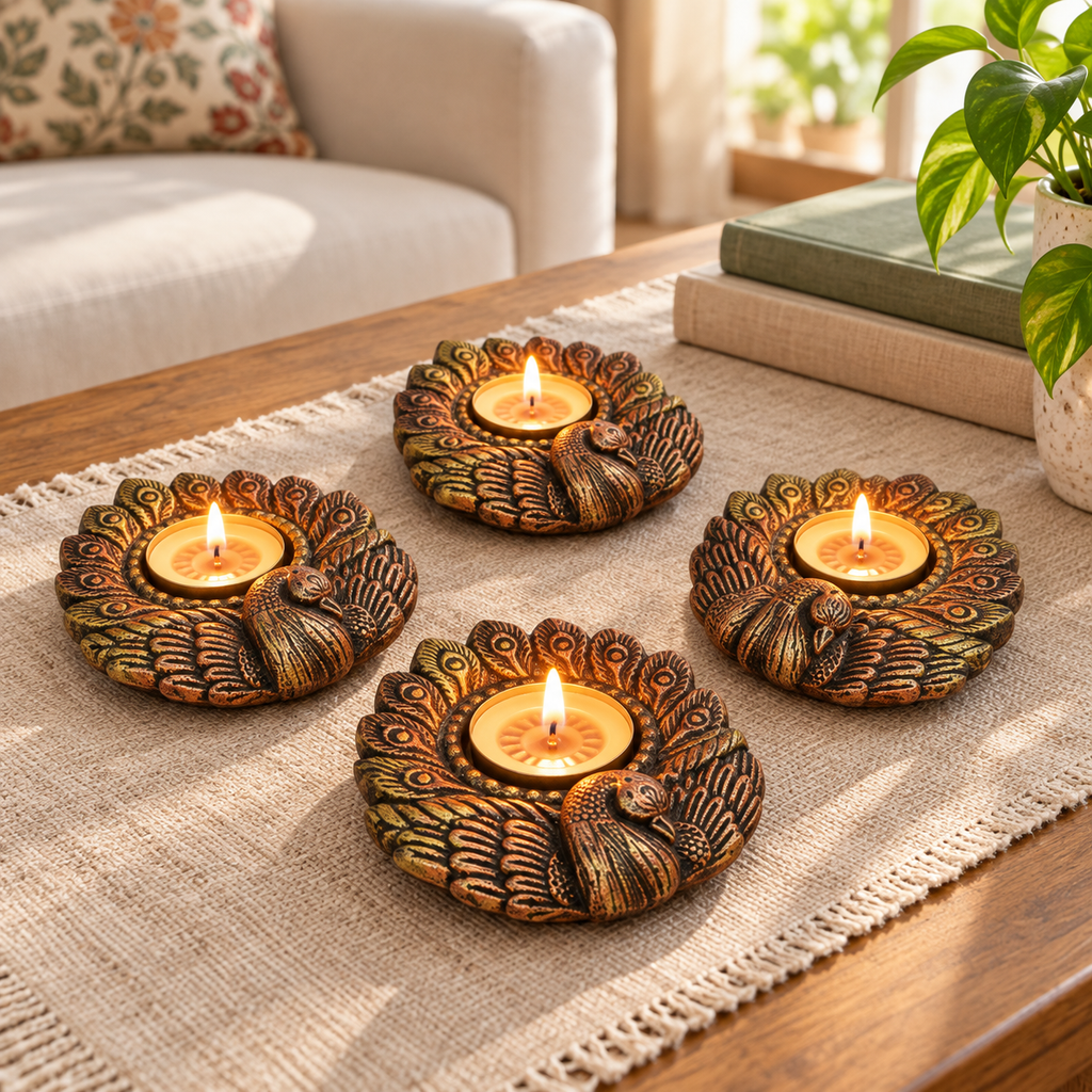 Nachta Mor: Dancing Peacock Terracotta Tea Lights, Set of 4 or 2