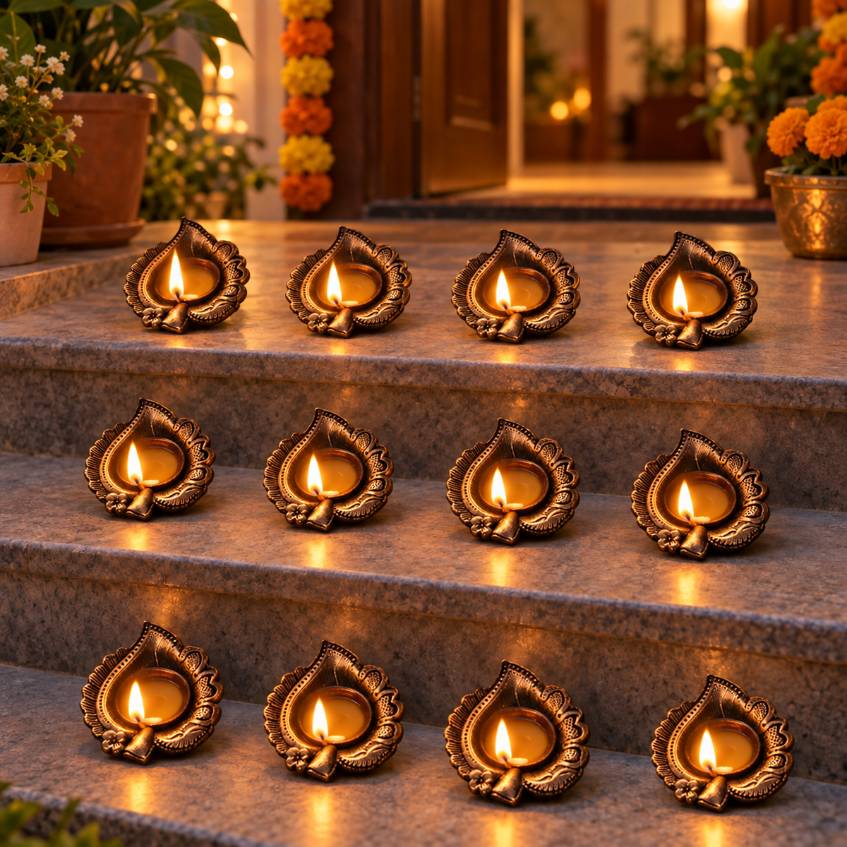 Peepal: Peepal Leaf Terracotta Diyas, Set of 12 or 8