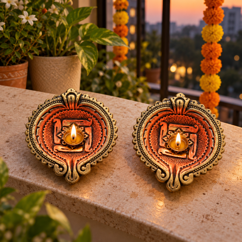 Mangal: Large Swastik Terracotta Diyas, 6 in, Set of 2