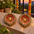 Mangal: Large Swastik Terracotta Diyas, 6 in, Set of 2