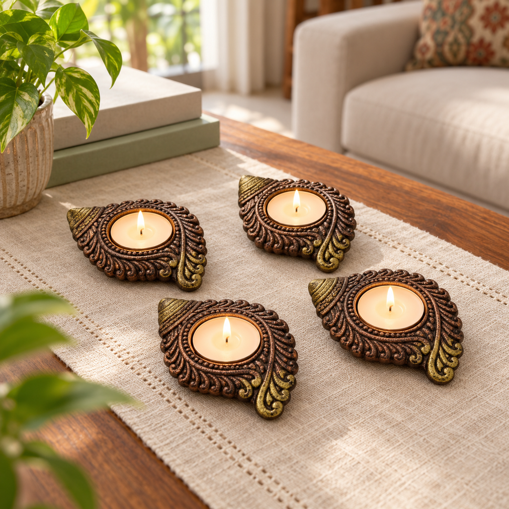 Shankh: Conch Terracotta Tea Light Holders, Set of 4 or 2