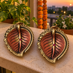 Ashwattha: Large Peepal Leaf Terracotta Diyas, 6 in, Set of 2
