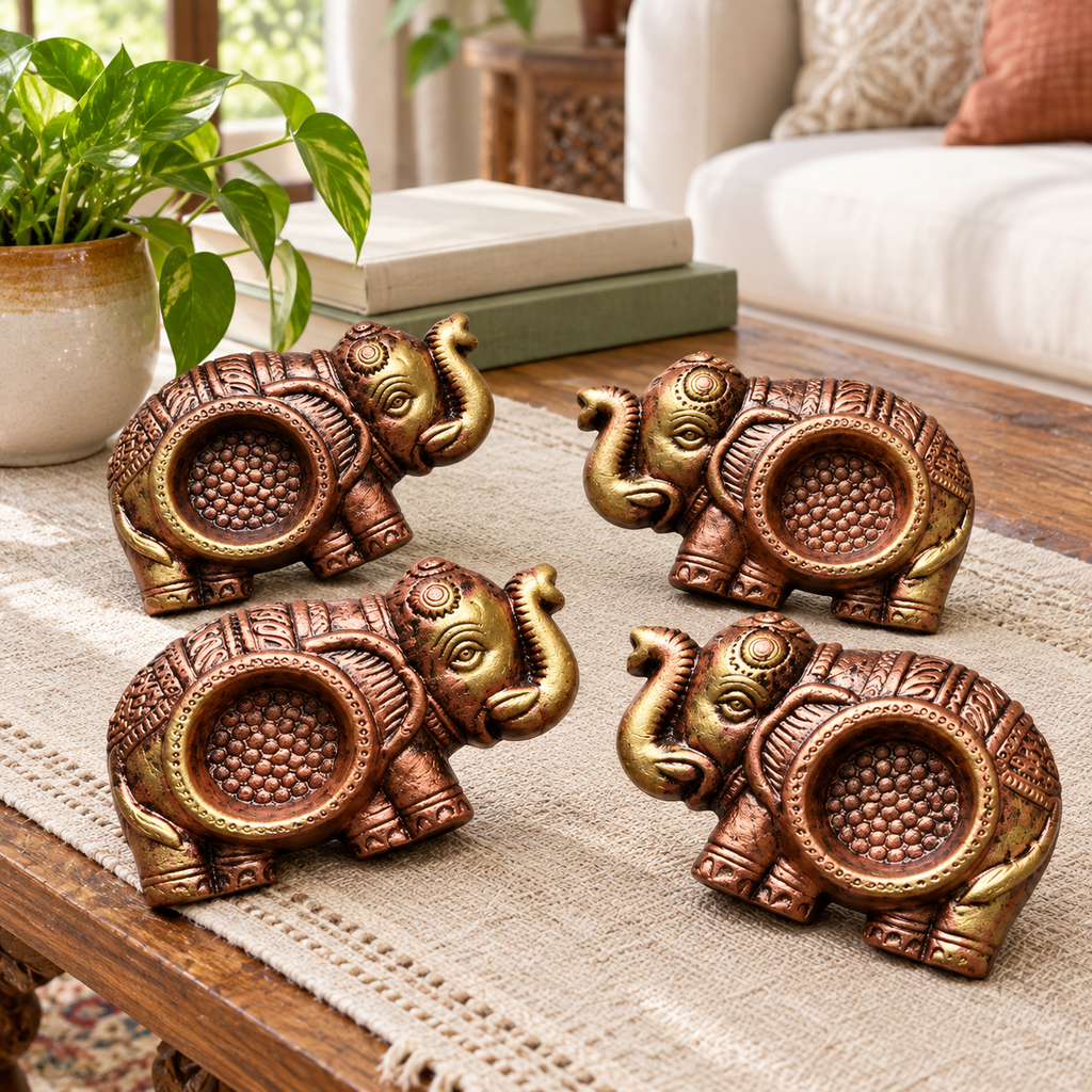 Hathi: Elephant Terracotta Tea Light Holders, Set of 4 or 2