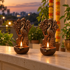 Kalpavriksh: Tree Peacock Terracotta Diya Stands, Set