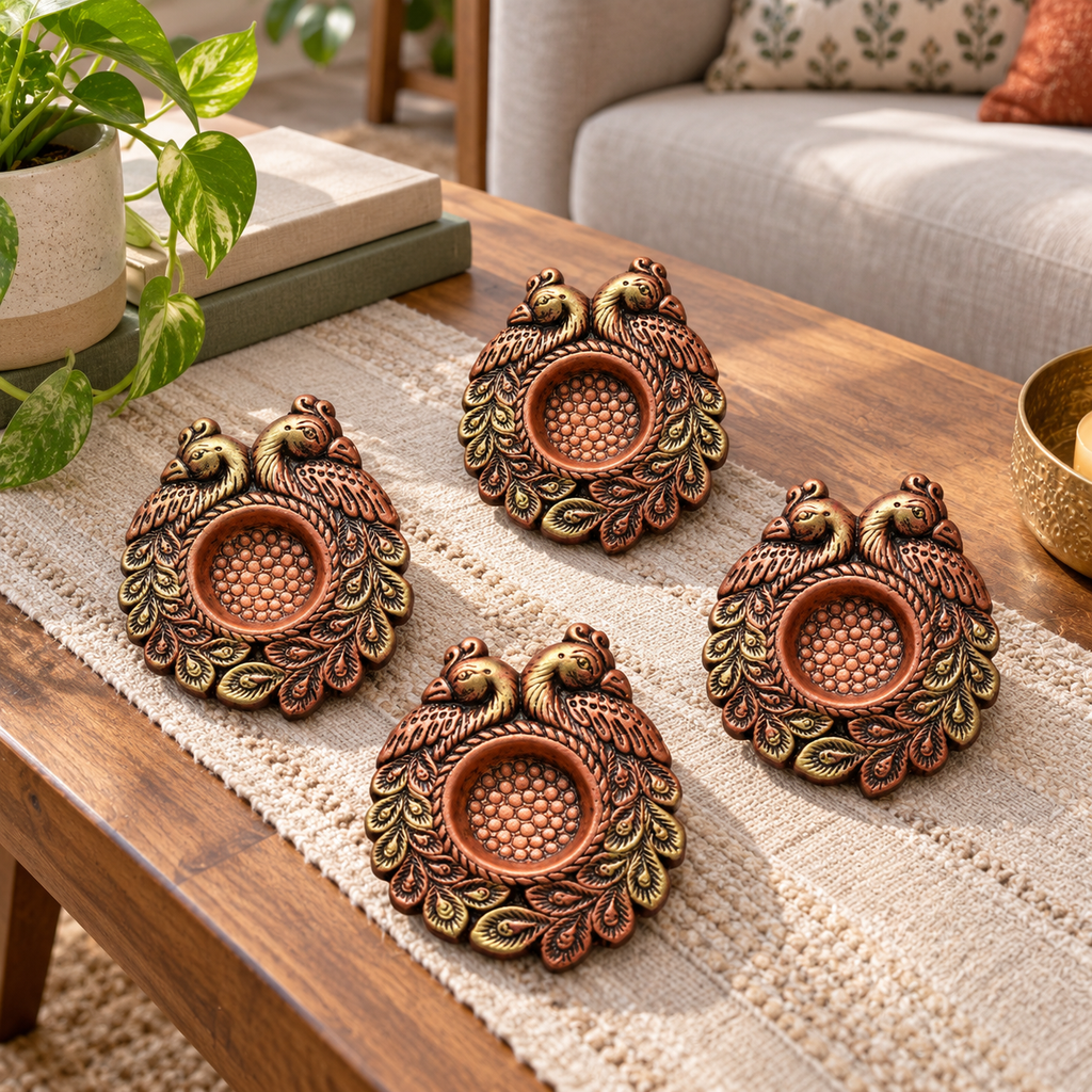 Jodi: Peacock Pair Terracotta Tea Light Holders, Set of 4 or 2