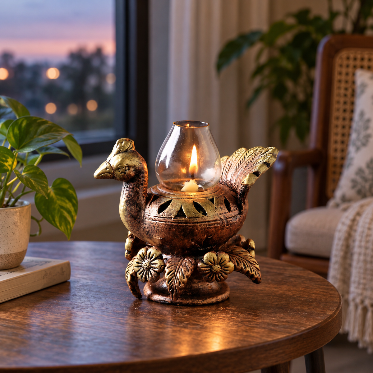 Mayur Jyot: Peacock Terracotta Akhand Diya with Glass Top