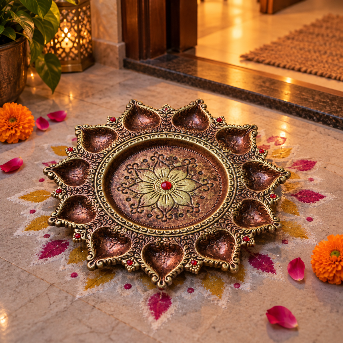 Kamalini: 11-Diya Terracotta Plate with Lotus Centre, 10.5 in