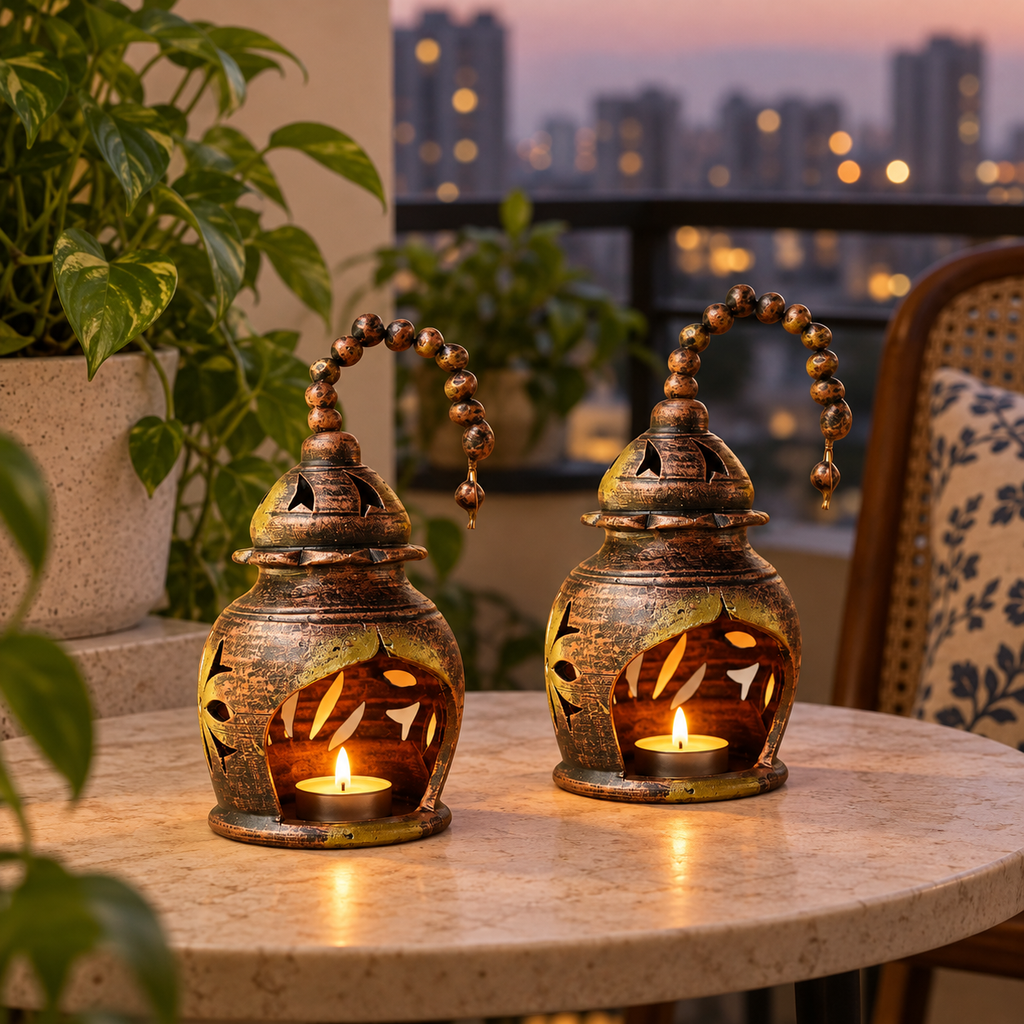 Ghonsla: Hanging Terracotta Tea Light Lanterns, Set of 2
