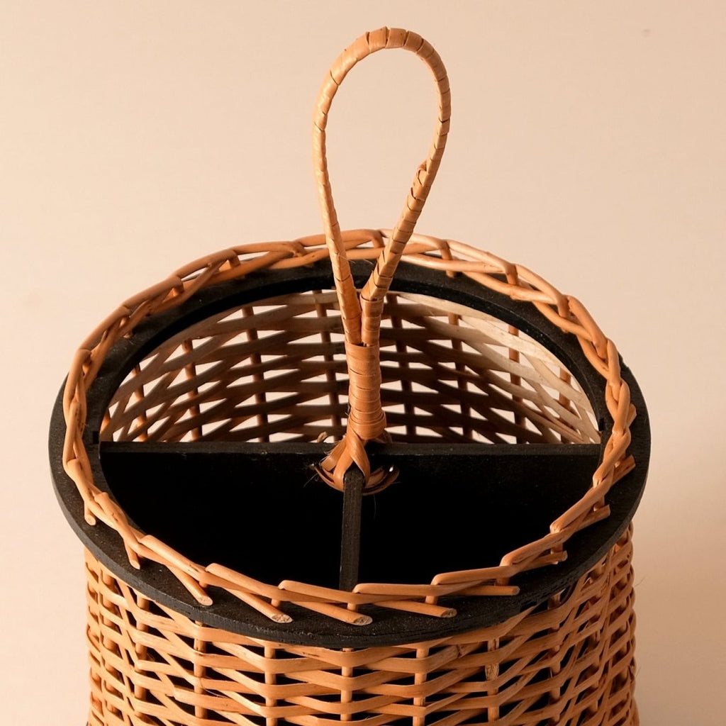Cutlery holder made with Kashmiri Wicker and Wood in Wood Brown and Black