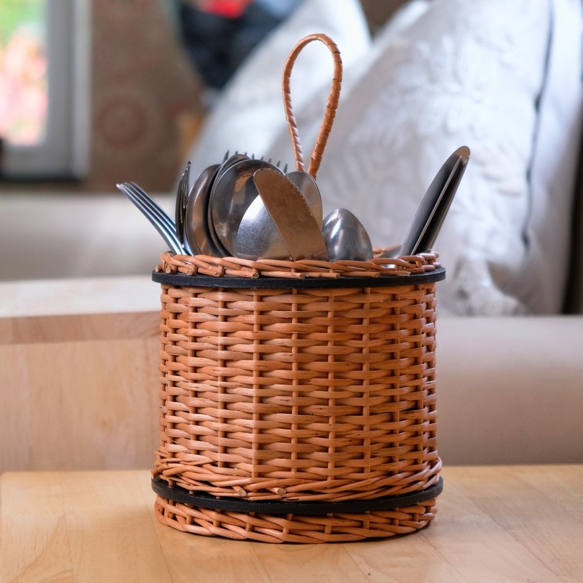 Cutlery holder made with Kashmiri Wicker and Wood in Wood Brown and Black
