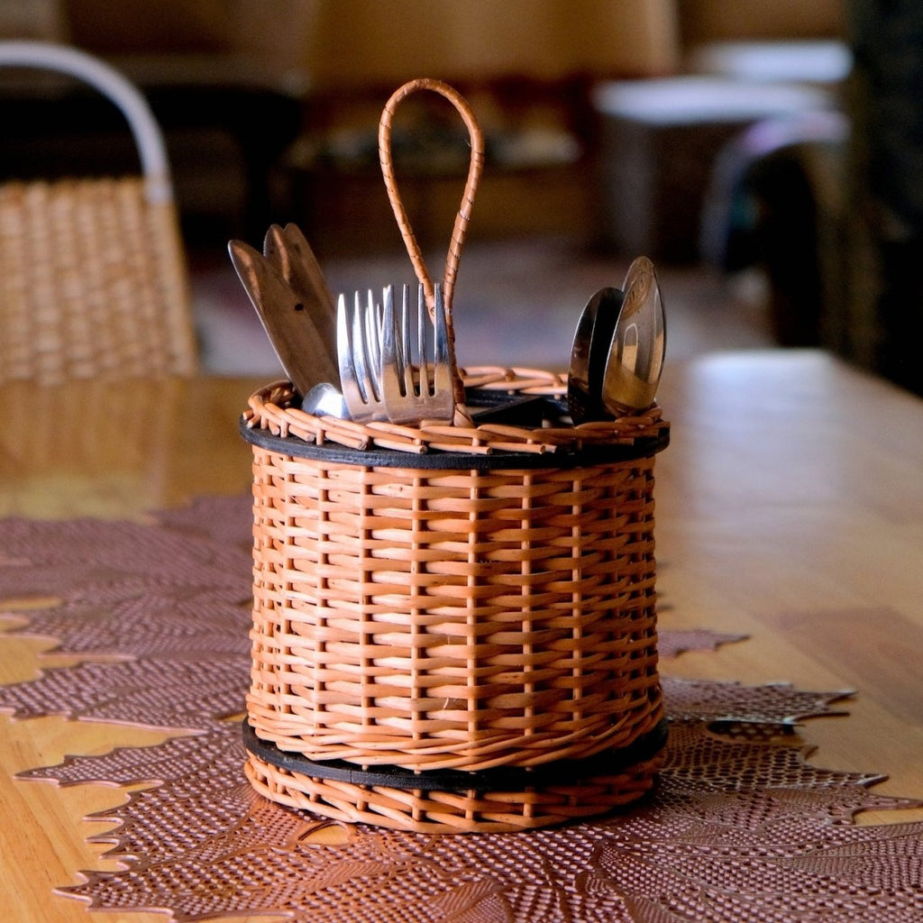 Cutlery holder made with Kashmiri Wicker and Wood in Wood Brown and Black